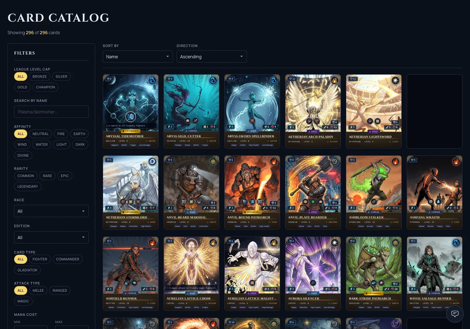 The Stellarch card catalog: a grid of hand-arted anime cards with the affinity, rarity, race, and edition filters down the left side.