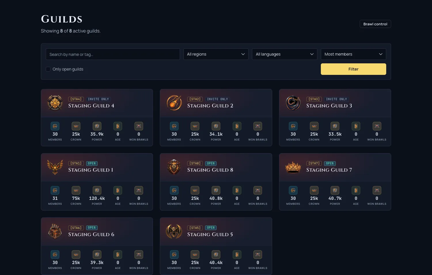 The guild directory: a grid of guild cards, each with its own heraldic emblem, open or invite-only badge, and stats for members, crown, and power.