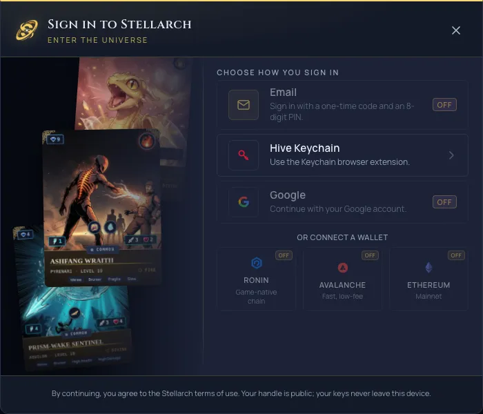 The Stellarch sign-in panel: log in with email, Hive Keychain, or Google, or connect a Ronin, Avalanche, or Ethereum wallet.