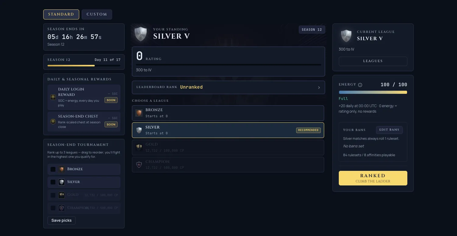 The ranked play screen: your league standing, the season countdown, the four league families to pick from, and the season-end tournament picker.