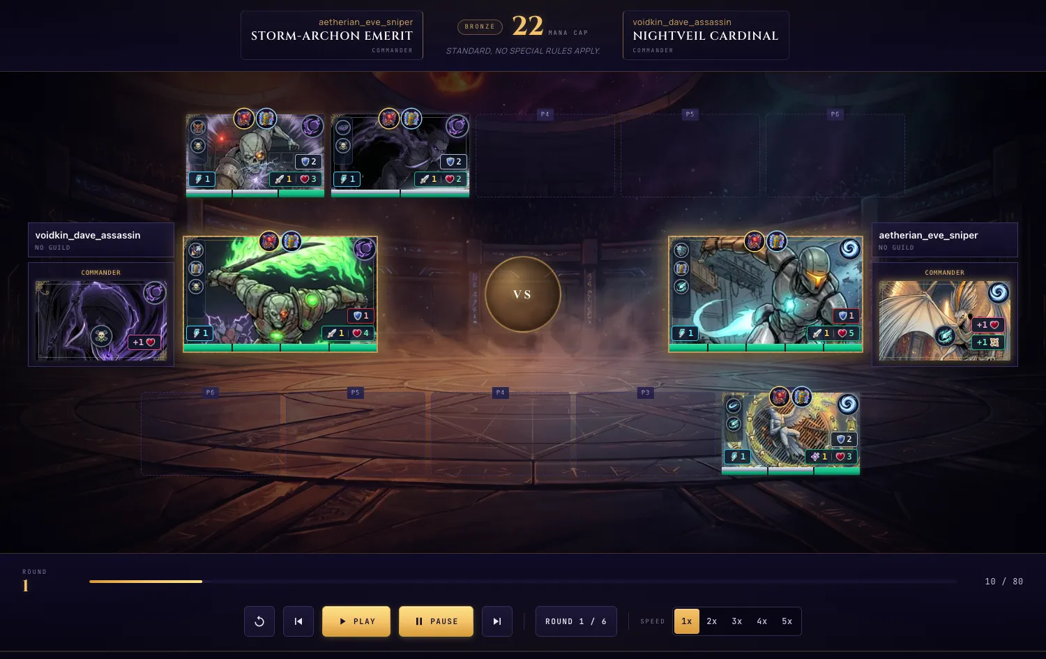 A Stellarch combat replay mid-fight: two drafted teams face off across the arena board, with the playback controls and the round timeline below.