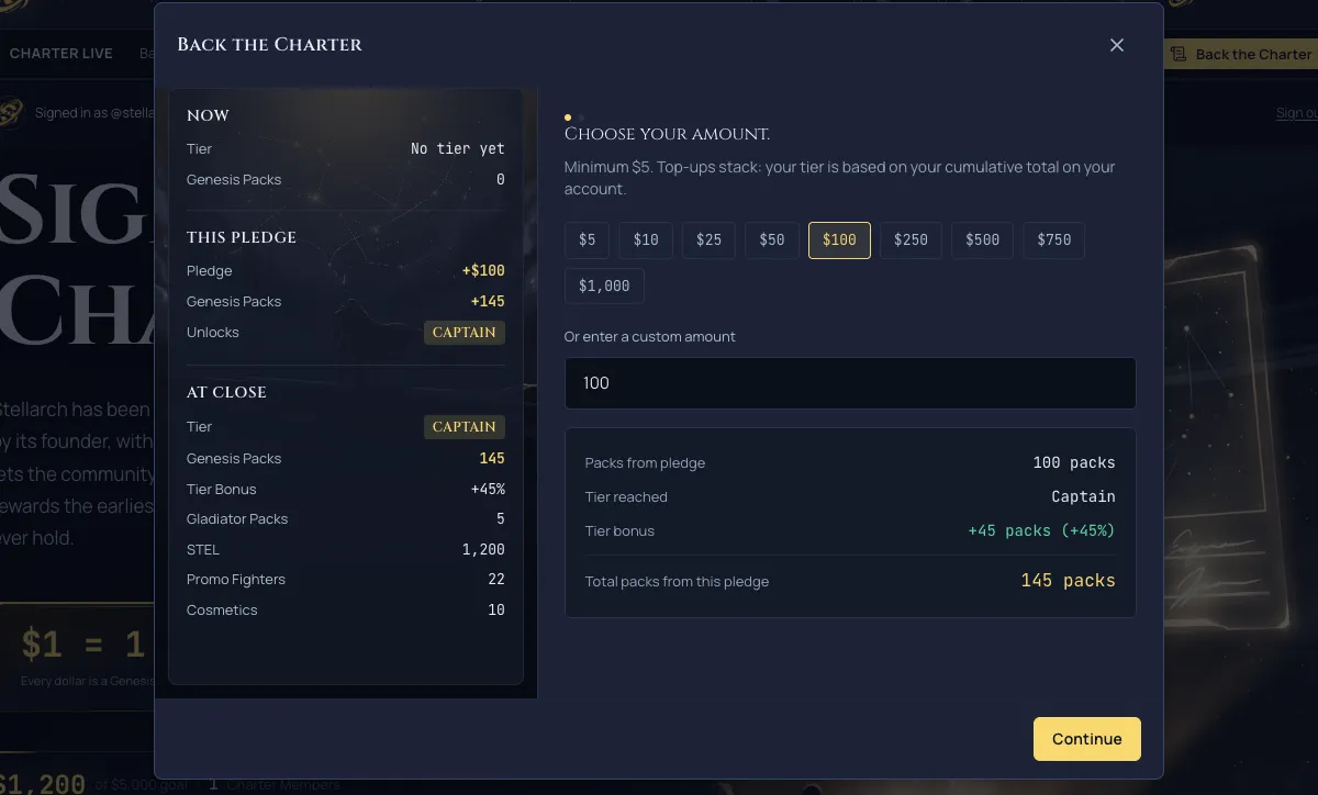 The Back the Charter pledge modal amount step, picking how much to pledge.
