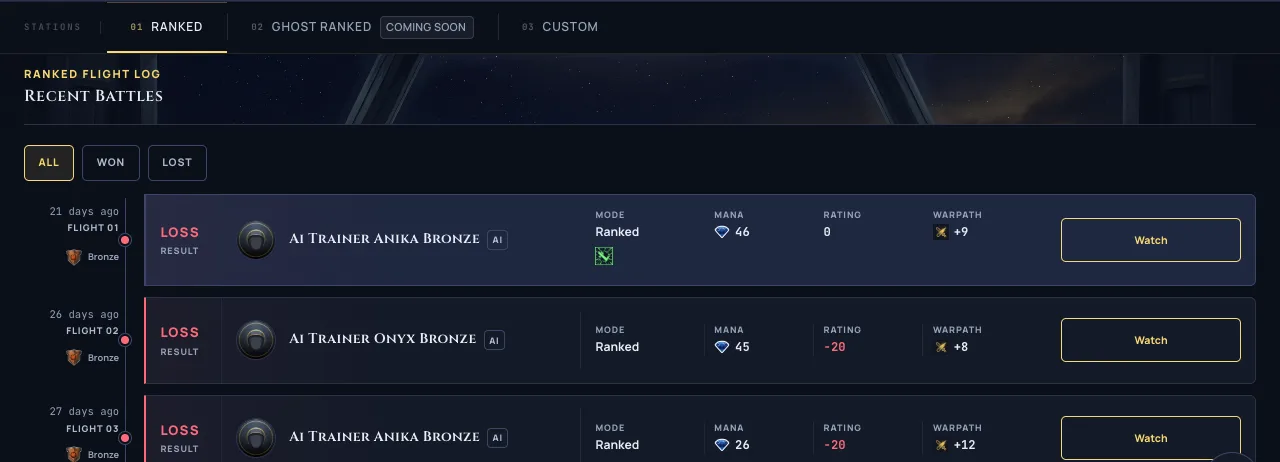 The redesigned Recent Battles flight log on the Ranked screen, a timeline of recent games showing each opponent, result, mana, rating and WARPATH change, with All, Won and Lost filter tabs