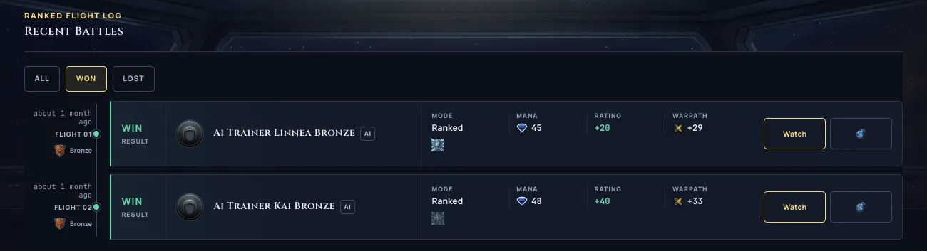The flight log filtered to Won, showing recent ranked wins with green result labels and positive rating and WARPATH changes