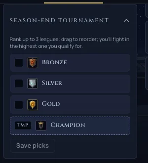 The Season-End Tournament panel on the Ranked screen, listing Bronze, Silver, Gold and Champion league picks with a Save picks button and a chevron control to fold the panel away