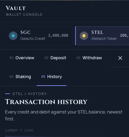 The STEL wallet at a narrow phone width, its sub-tab strip wrapped onto two rows with the History tab reachable and the Transaction history view open