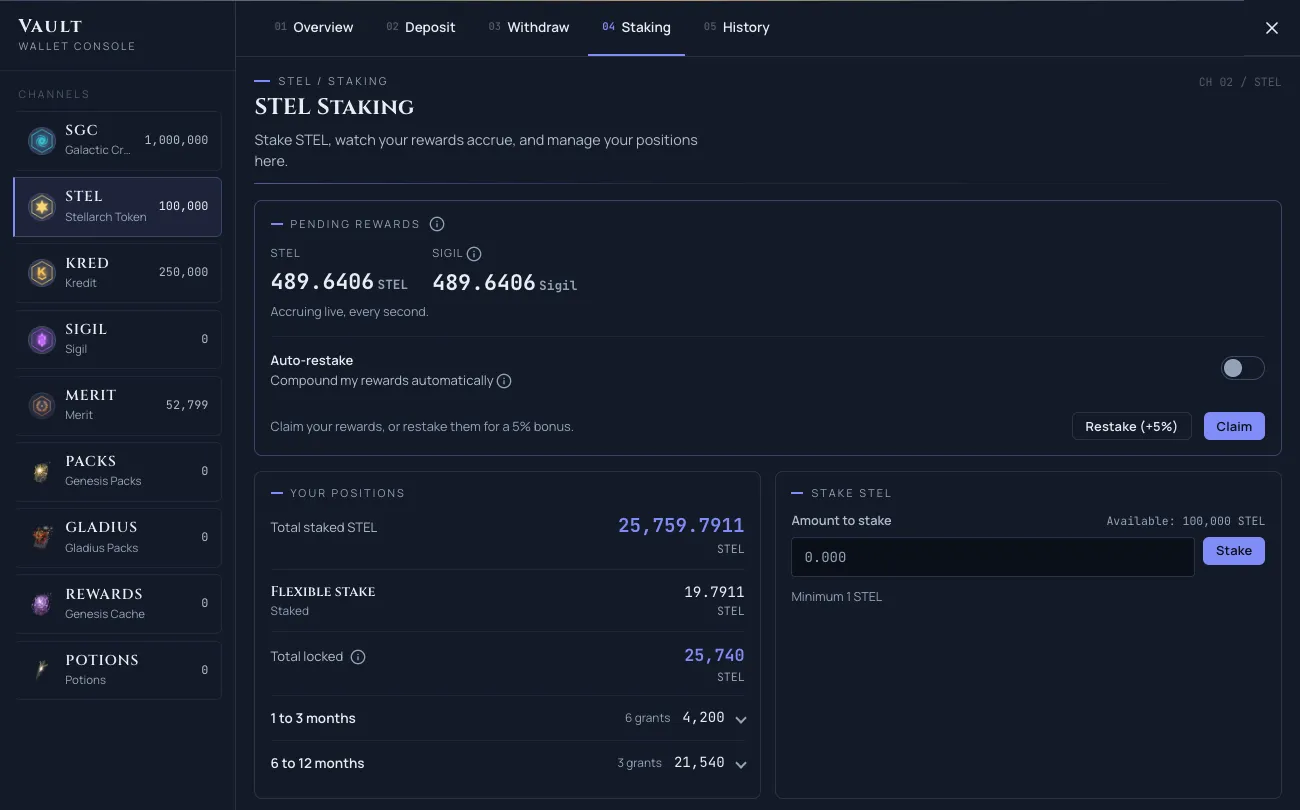 The STEL staking sub-tab showing a Total staked STEL headline at the top of the positions block, above the flexible and locked stake figures