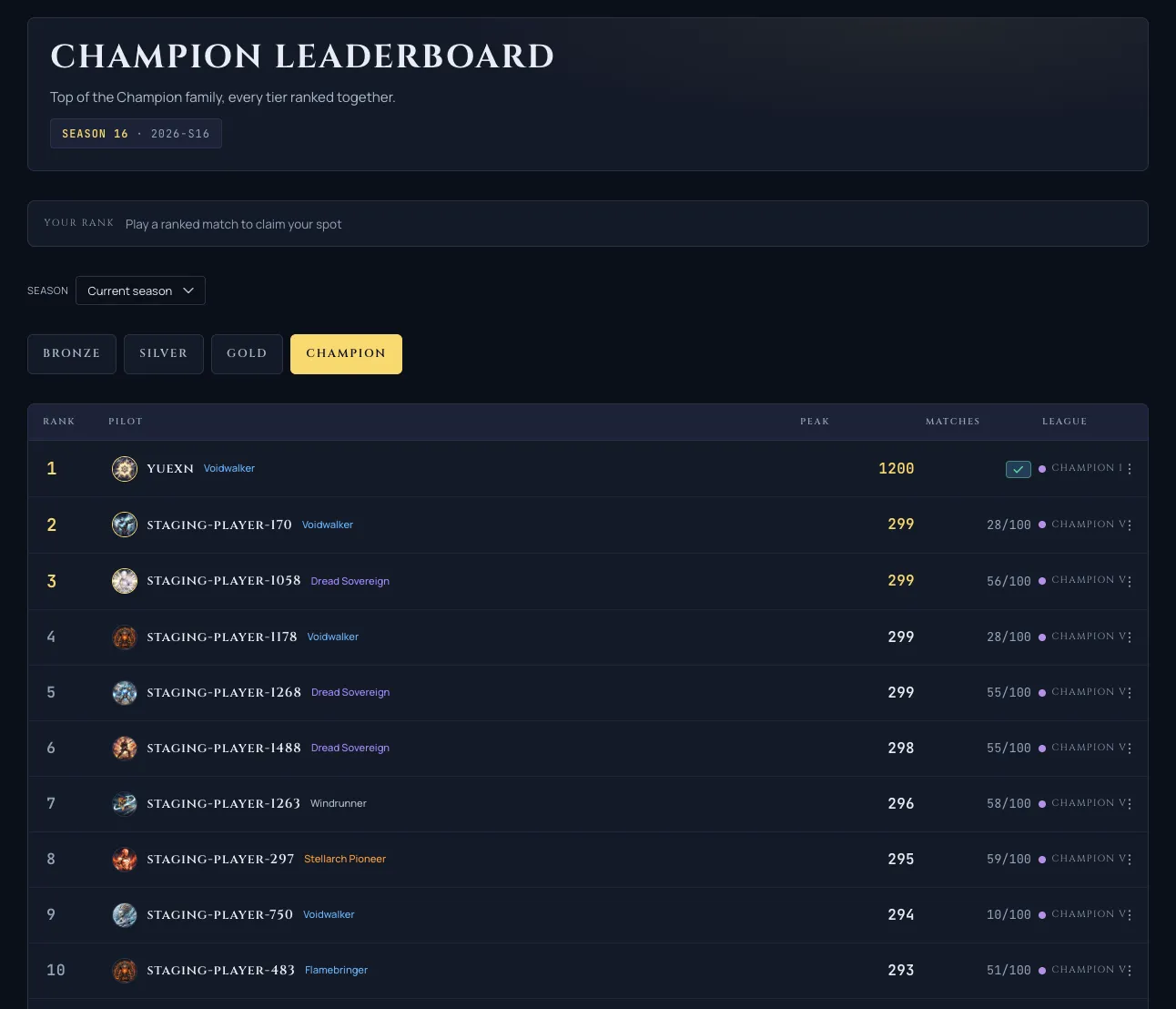 The ranked leaderboard with a new Season dropdown above the standings, used to switch to any past season's final standings