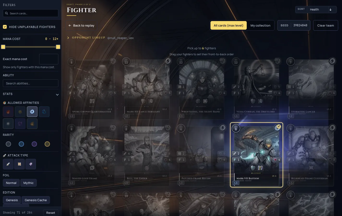 The draft picker with the Hide unplayable Fighters toggle switched on, showing a trimmed roster of only the Fighters you can field this match