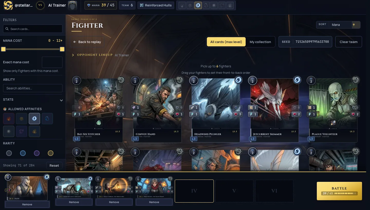 The draft picker with a Wind commander picked: the pool shows only the Fighters you can legally field, and the Hide unplayable Fighters toggle is gone from the filters