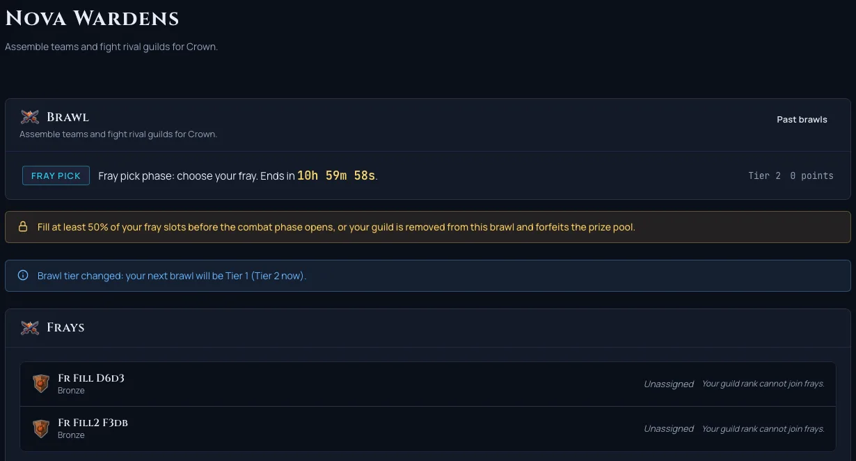 A guild brawl fray join panel showing a clear message explaining why the member cannot join yet, instead of a plain disabled button