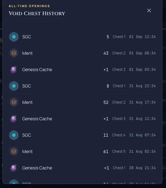 The Void Salvage all-time opening history, a paginated list of past Void Chest openings with the rewards each one gave