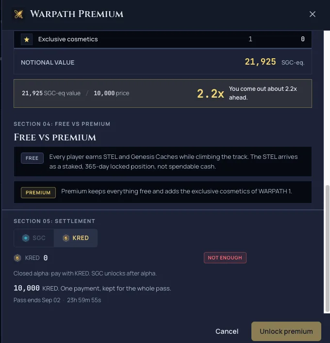 The redesigned WARPATH battle pass buy screen showing the Value Receipt: an itemized list of pass rewards and their value, with the closed-alpha KRED price