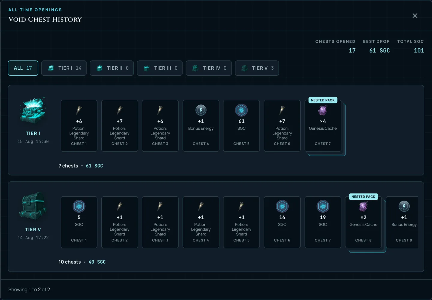 The redesigned Void Chest all-time history as a Batch Manifest: a stat strip of chests opened, best drop and total SGC, a row of tier filter chips, and session cards showing a strip of reward tiles per opening