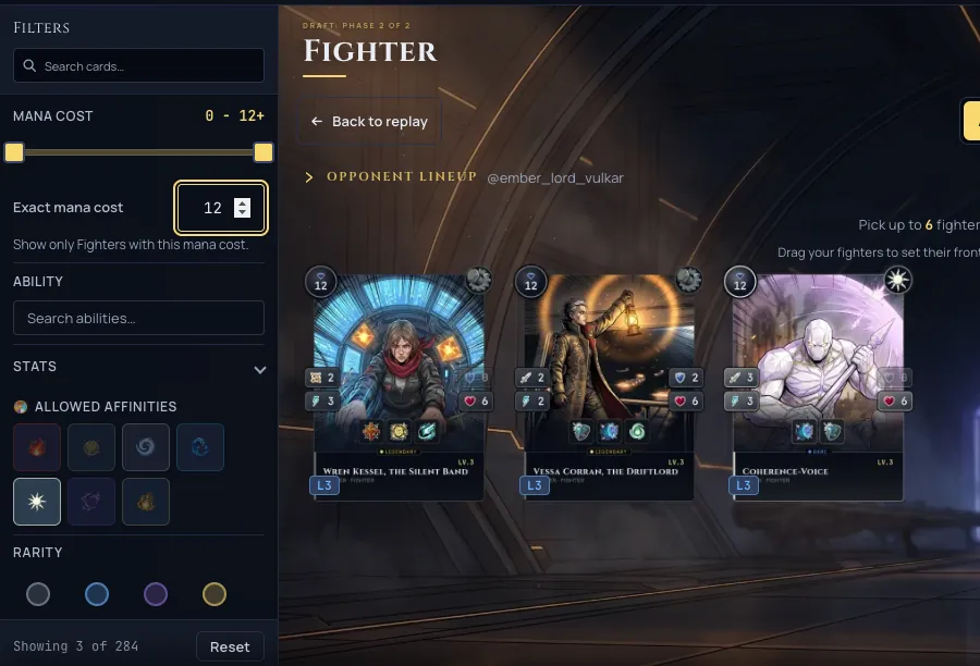 The picker filters sidebar with an exact mana cost of 12 entered, showing only 12-mana Fighters.