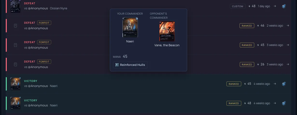 A match history row with its hover preview open, showing your commander, the opponent's commander, the mana cap, and the ruleset