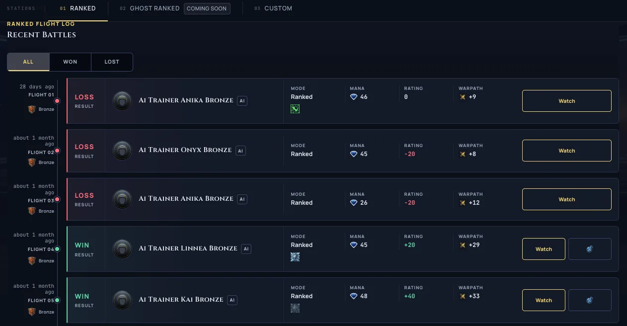 The Flight Recorder match-history panel with a segmented All / Won / Lost selector on one continuous background