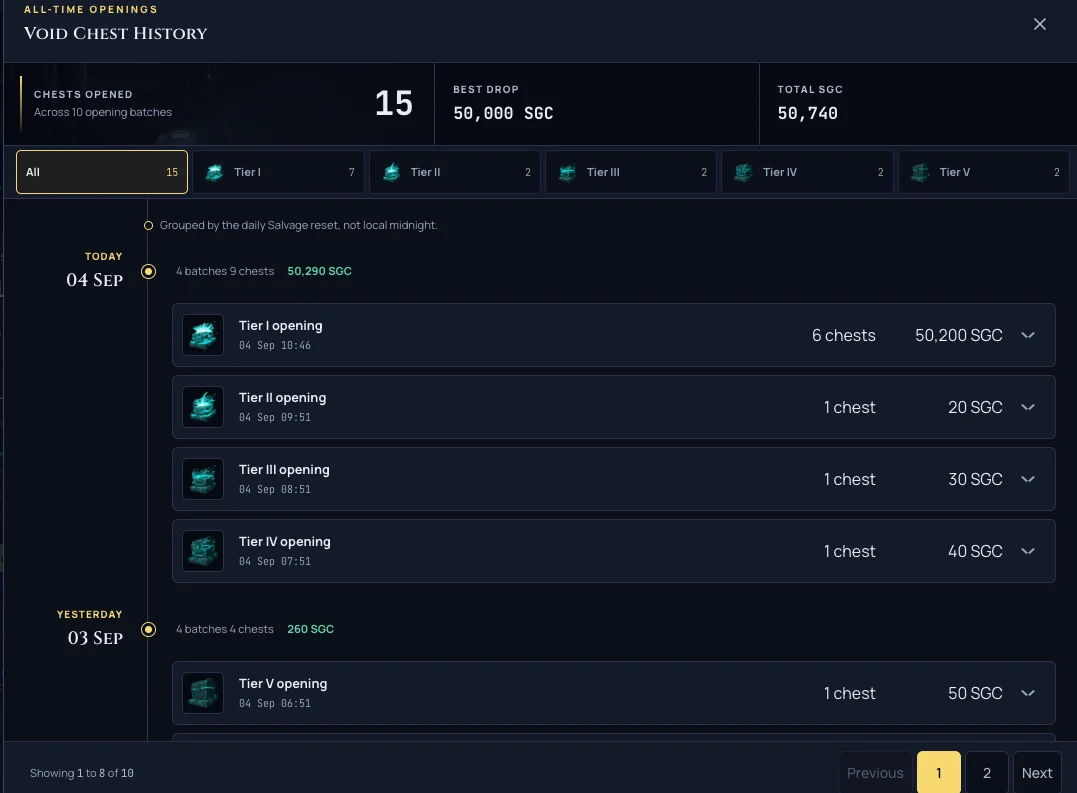 The Void Chest History panel with a compact summary and tier filters above the day-grouped opening timeline
