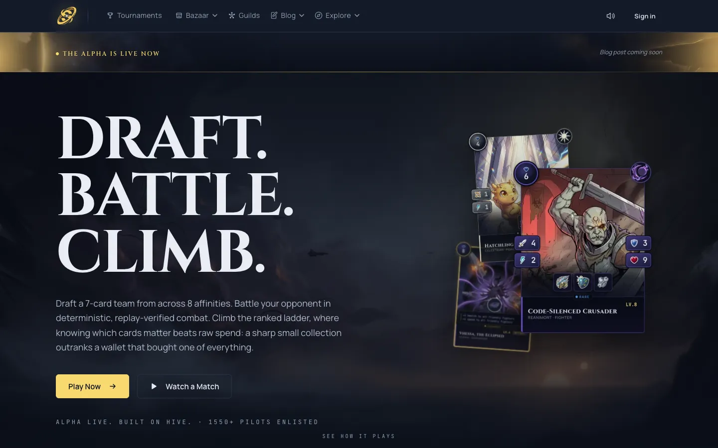 The Stellarch landing page in open alpha with a Play Now call to action