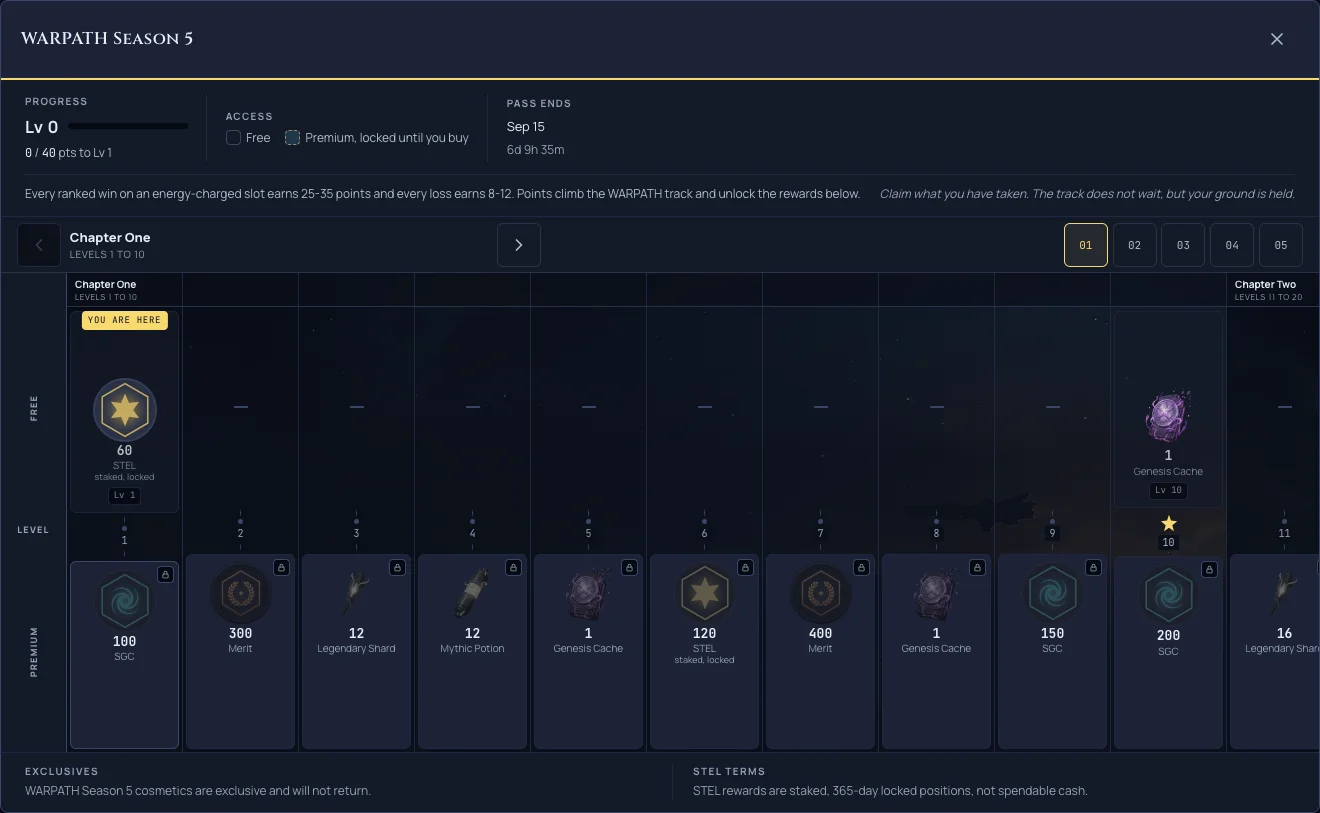 The WARPATH reward track with larger reward icons and a separated current-position marker