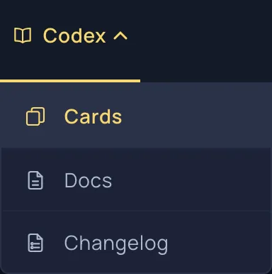 The new Codex dropdown open in the top nav, with Cards, Docs, and Changelog gathered under one menu.