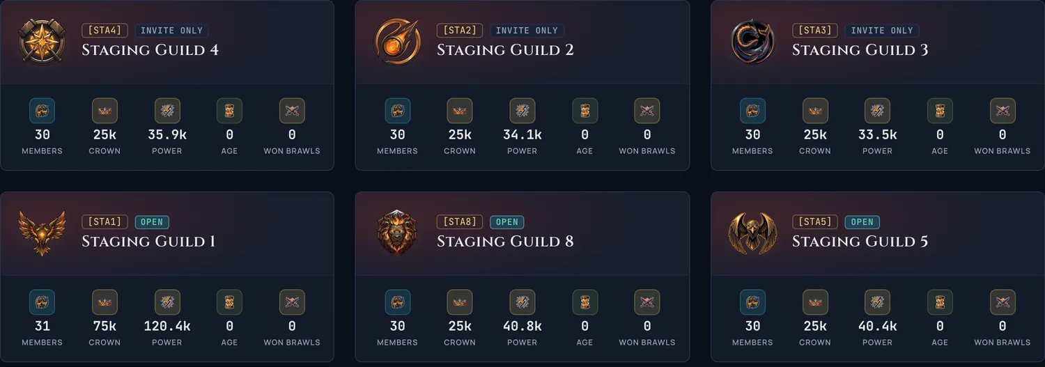 Redesigned guild cards on the guilds list, each with its hero stat strip and affinity wash.