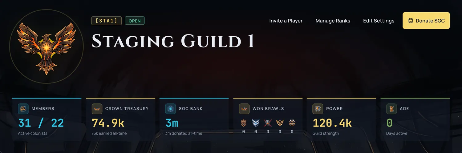 The sharper guild header with the one-line name, the action buttons in line with the tag, and the stat marquee.