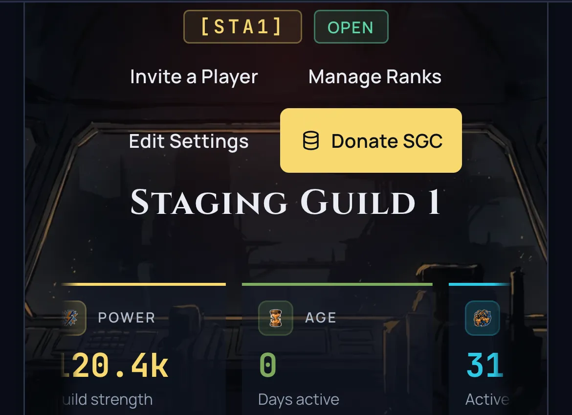 The guild hub on a phone, with the header actions and a stat strip that scrolls sideways under your thumb.