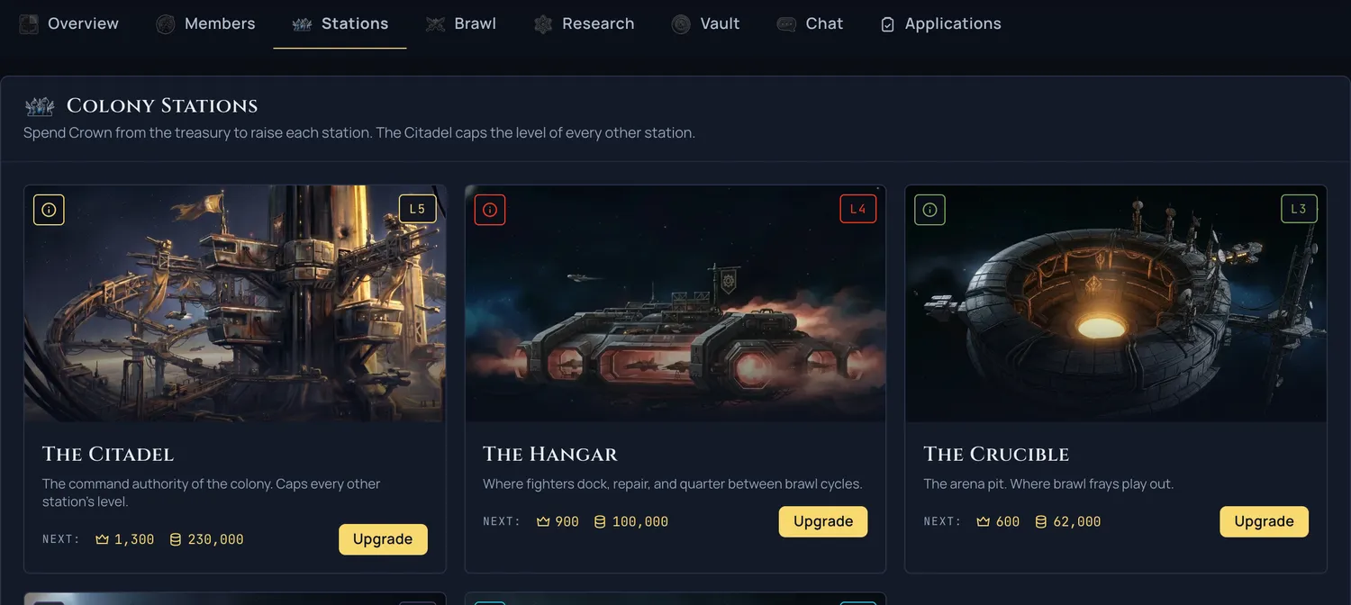 The guild hub tab bar with the Stations tab open, showing the colony station cards.