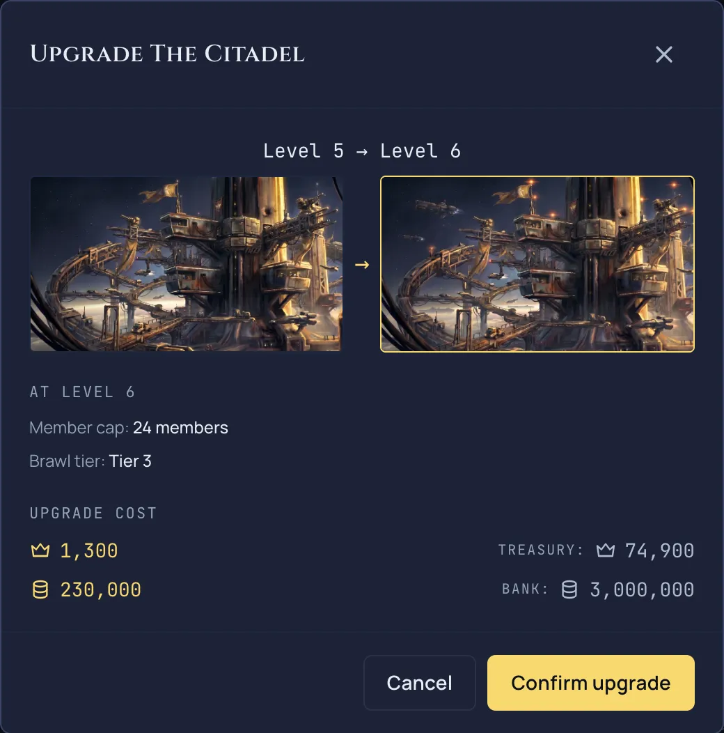 The guild building upgrade confirm window showing the Crown and SGC cost against the treasury and bank balance.