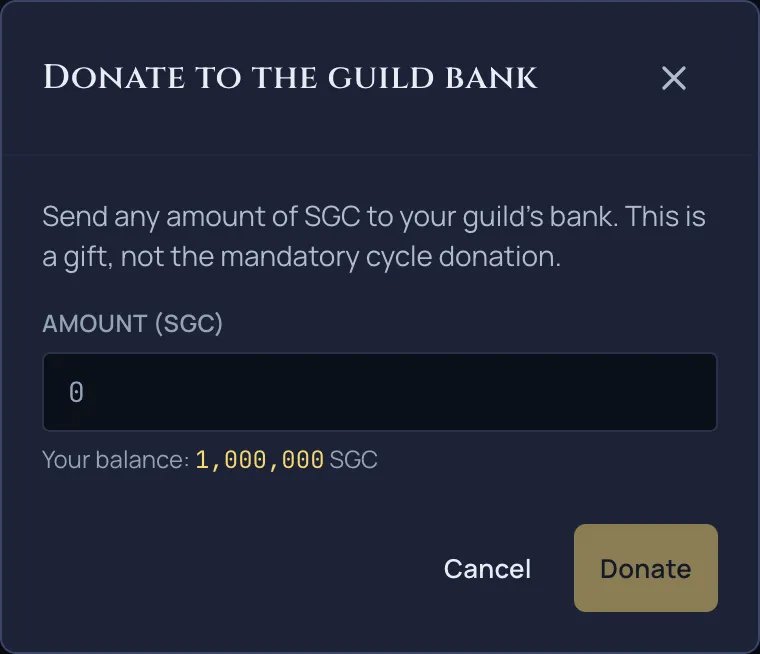 The cleaner donate-to-guild-bank window with the amount field and a clickable balance line.