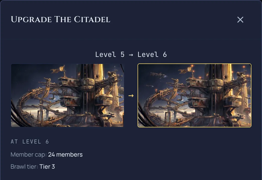 The upgrade confirm window listing the next level's benefits, like the new member cap and brawl tier.