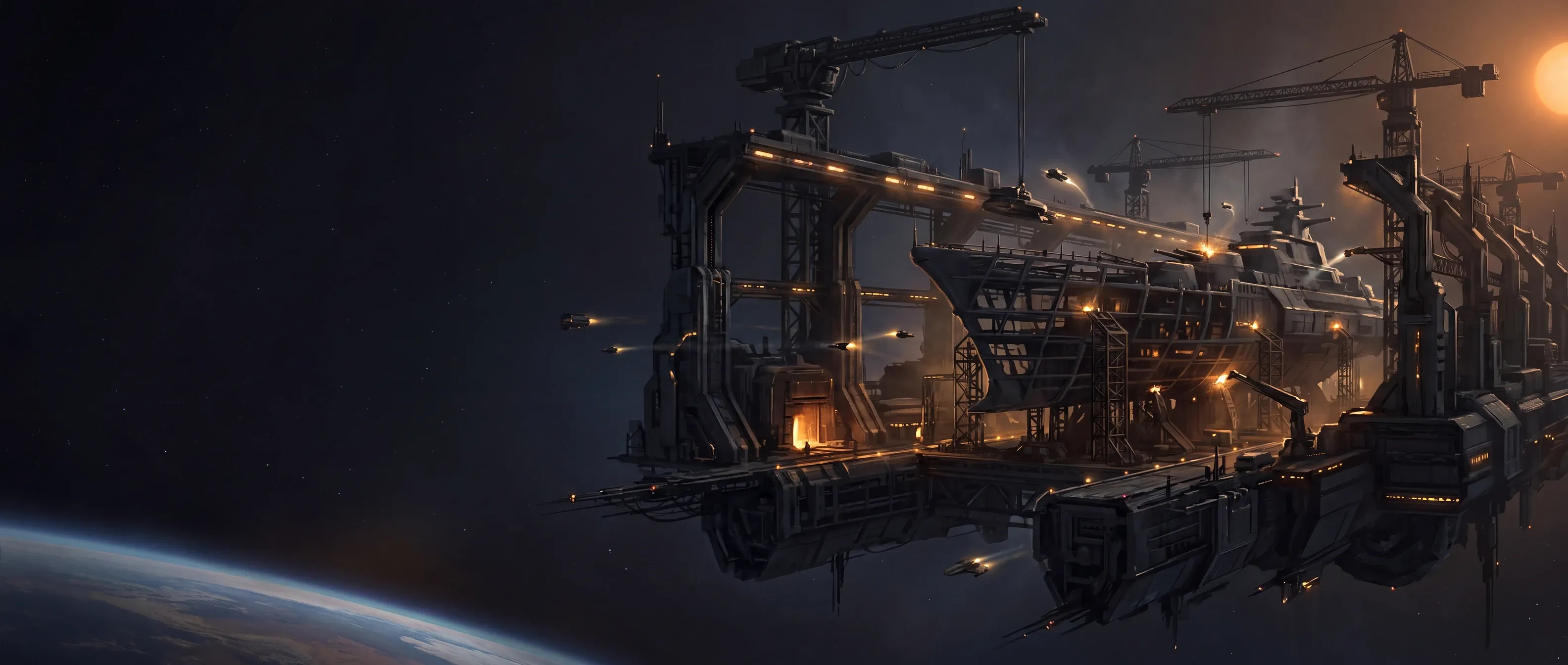 A vast orbital shipyard illuminated by a distant sun