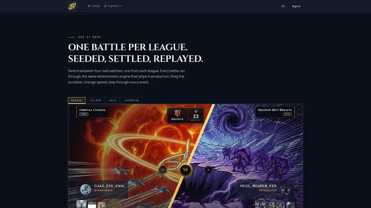 Die Stellarch-Landingpage mit ihrer live eingebetteten Kampf-Demo