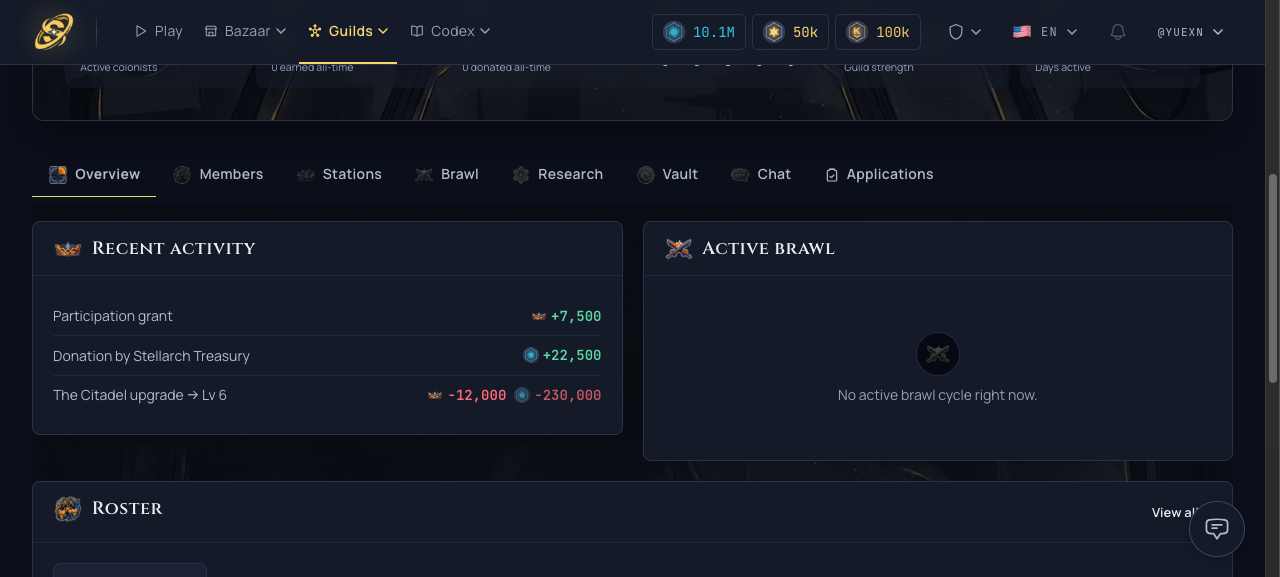 Guild activity feed shows Crown and SGC costs