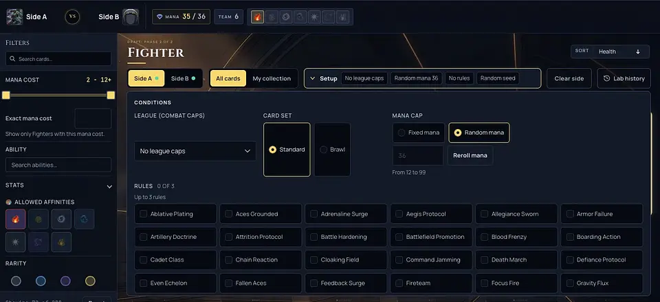 The Battle Lab Setup panel open, with league caps, the card set, a fixed or random mana cap and the list of rules.