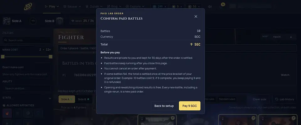 The Confirm paid battles window for a 10 battle order priced at 9 SGC, with the notes shown before paying.