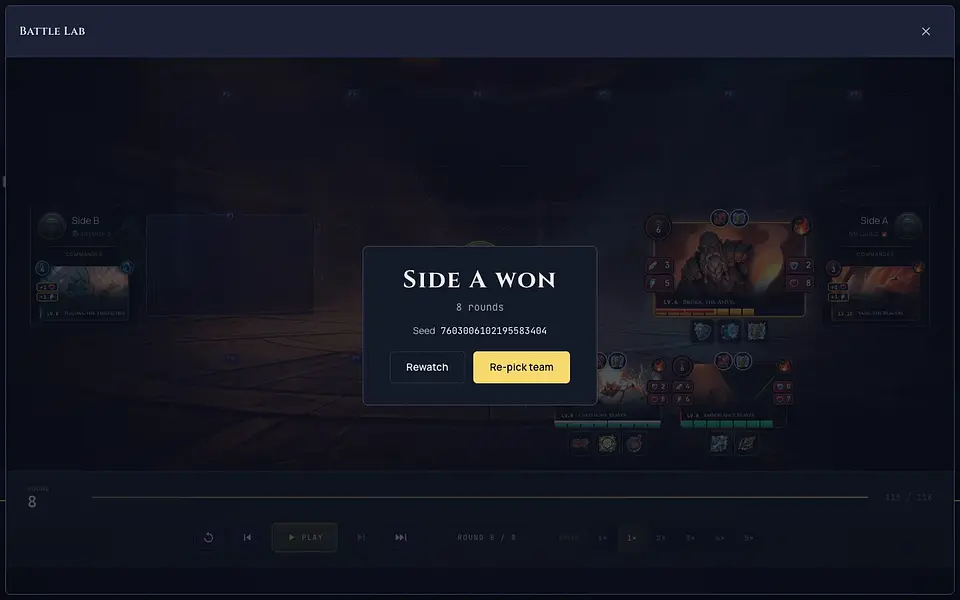 The end of a Lab replay showing Side A won in 8 rounds, the exact seed, and the Rewatch and Re-pick team buttons.