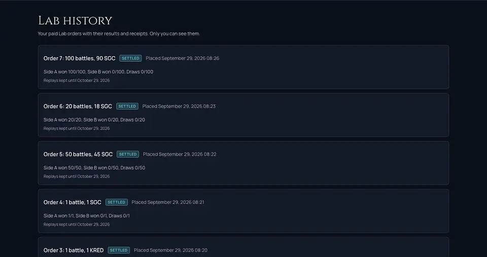 Lab history listing paid orders with their battle counts, prices, win splits and how long the replays are kept.