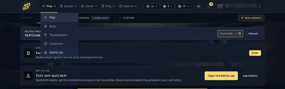 The Play menu with the new Battle Lab entry, and the Battle Lab card on the Play page.