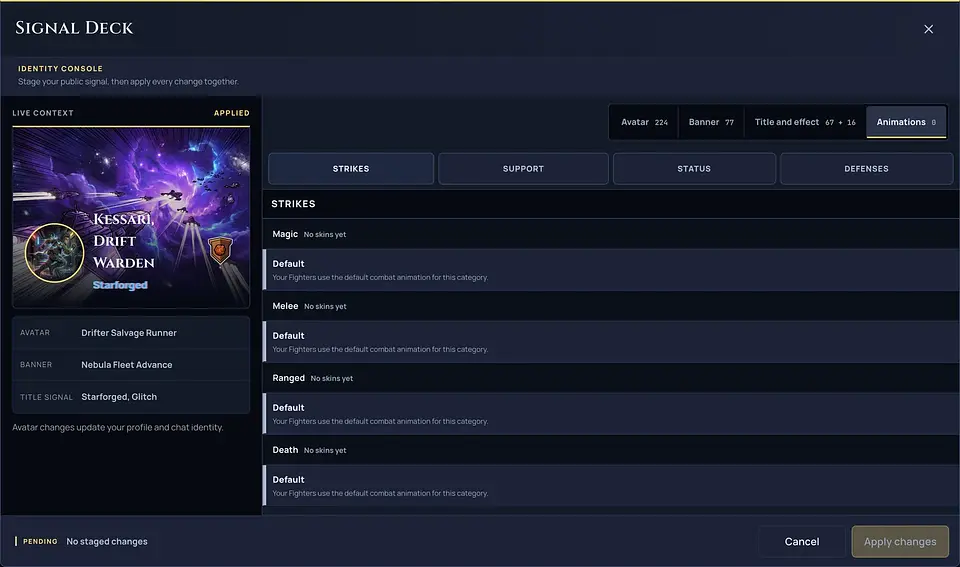 The Signal Deck Animations tab with jump chips for Strikes, Support, Status and Defenses.