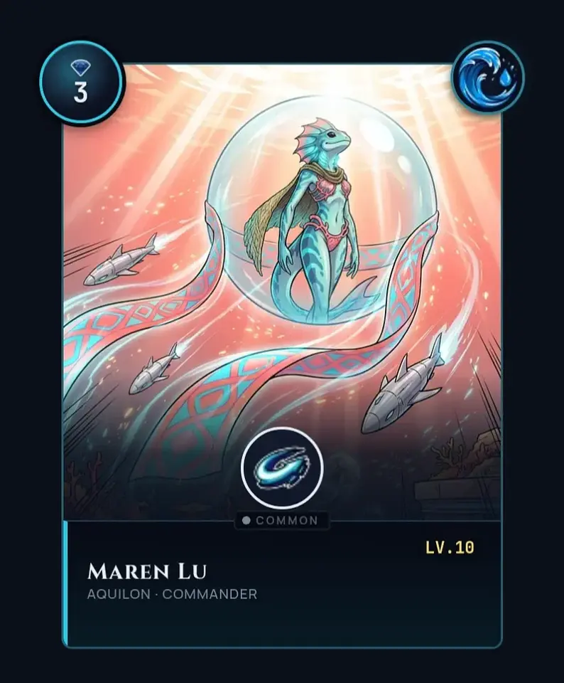 Maren Lu, a Common Aquilon Commander card, with her Common rarity badge clearly visible.