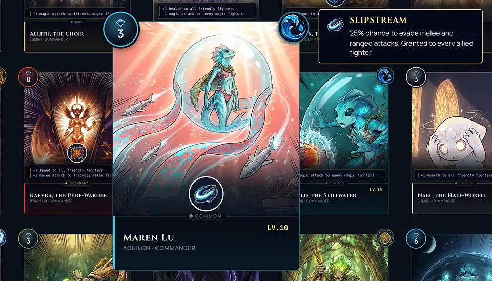 The Maren Lu hover card in the catalog with her Slipstream ability and a visible Common badge.
